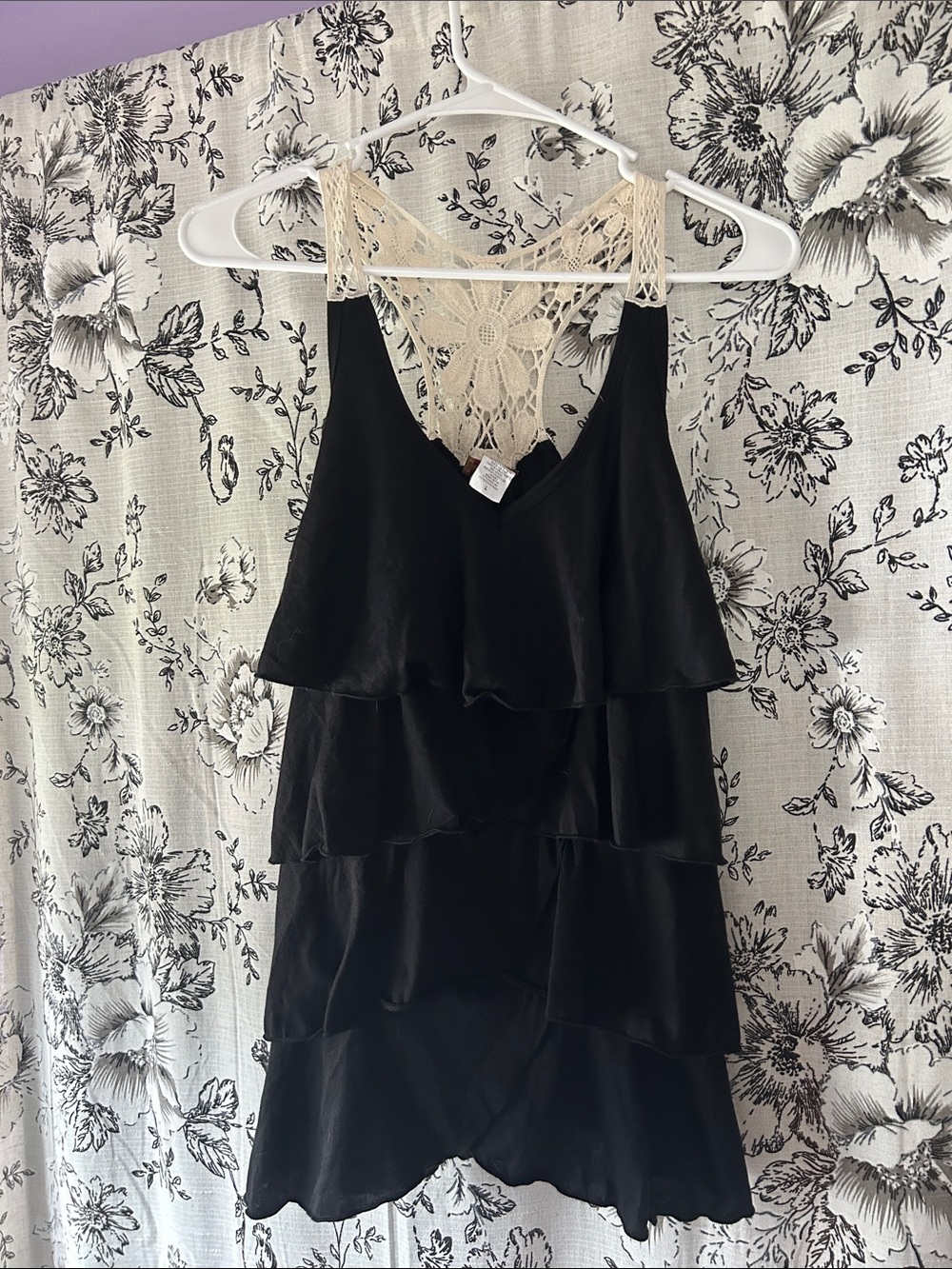 Women's Black Tiered Tank with Cream Crochet Racerback